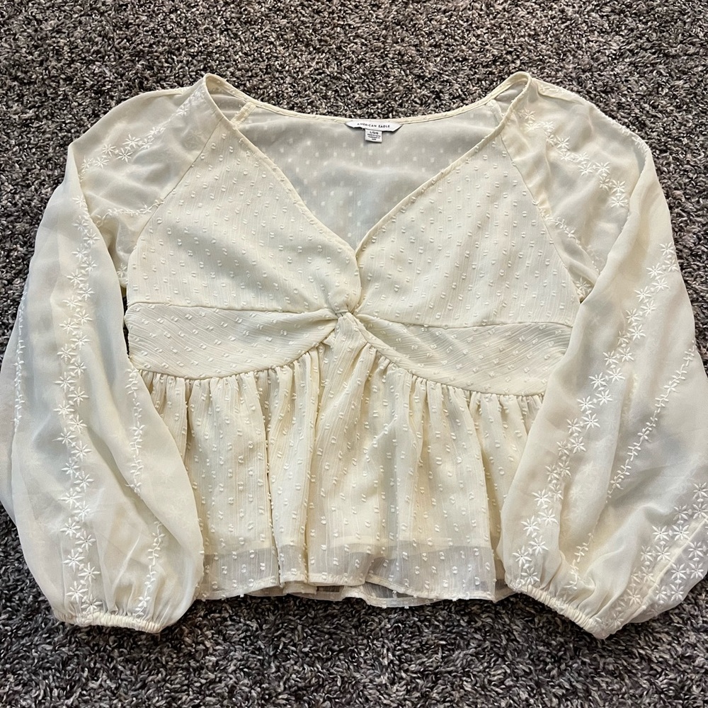 American Eagle Outfitters Cream Blouse with Embroidered Sleeves